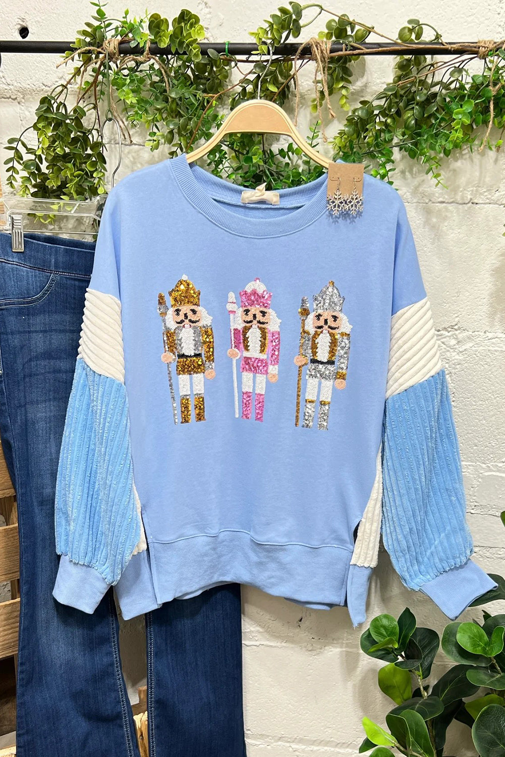 Wholesale 3 colors Christmas sequin nutcracker long sleeve blouse WL016
