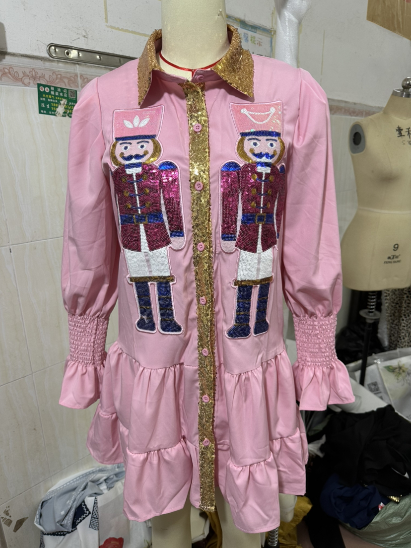Wholesale 5 colors Christmas Sequin Nutcracker Collared Shirt Ruffled Long Sleeve Mini Dress WL009