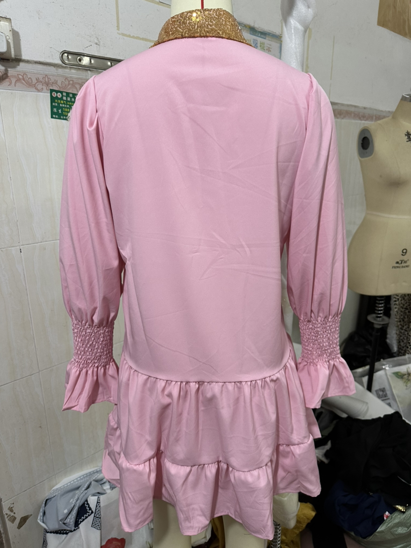 Wholesale 5 colors Christmas Sequin Nutcracker Collared Shirt Ruffled Long Sleeve Mini Dress WL009
