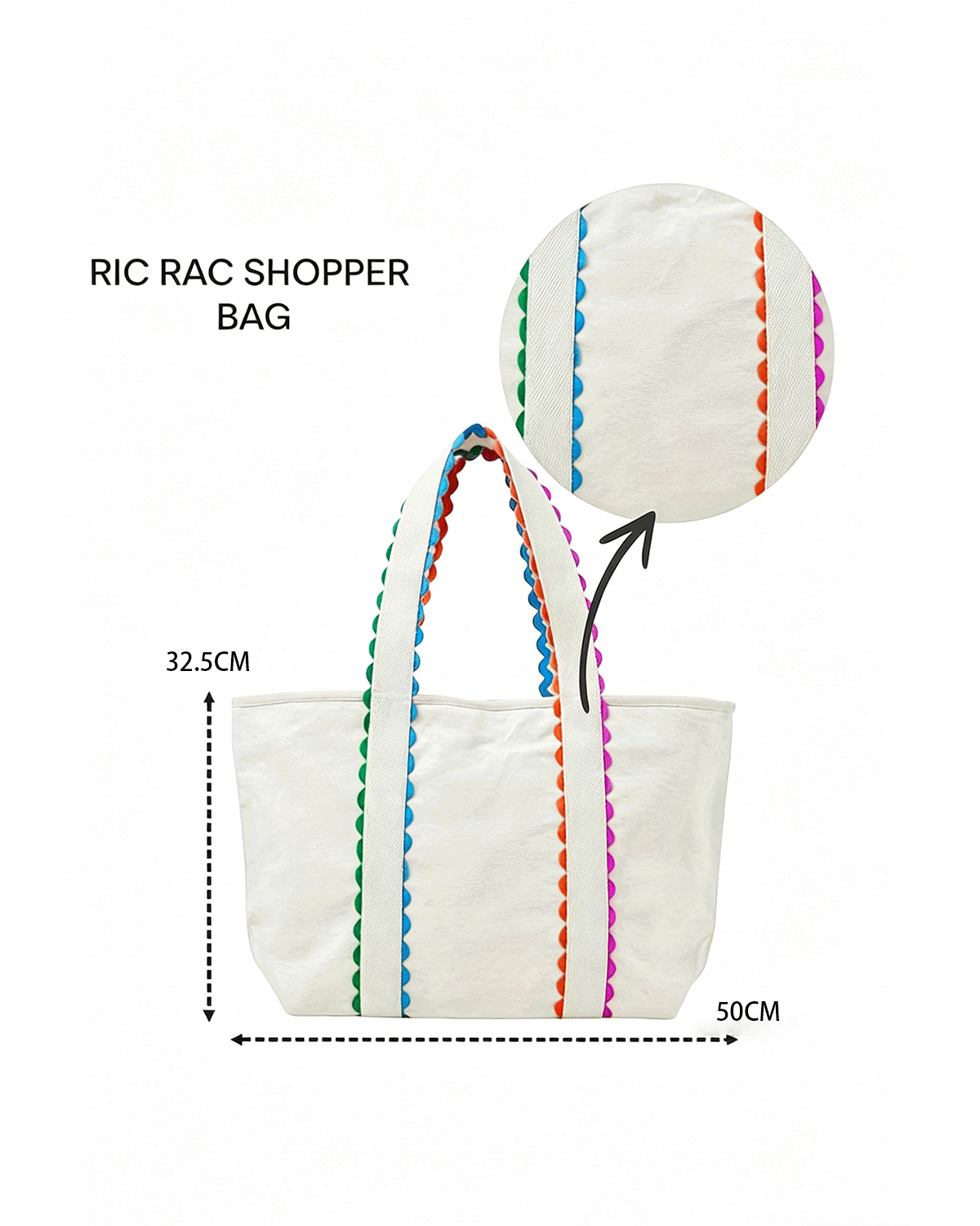 White Colorful Ricrac Detail Canvas Tote Bag SP019