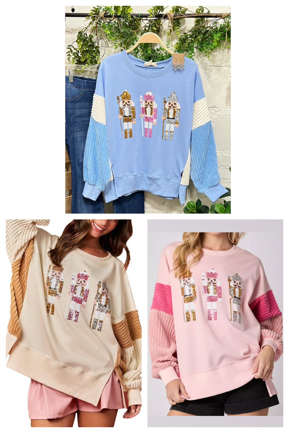 Wholesale 3 colors Christmas sequin nutcracker long sleeve blouse WL016