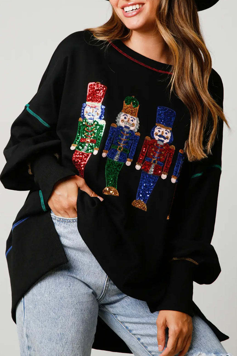 Wholesale 4 colors Christmas sequin nutcracker long sleeve blouse WL018