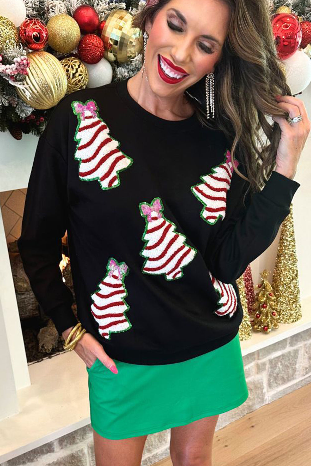 Wholesale 3 colors sequin Christmas tree long sleeve blouse WL017
