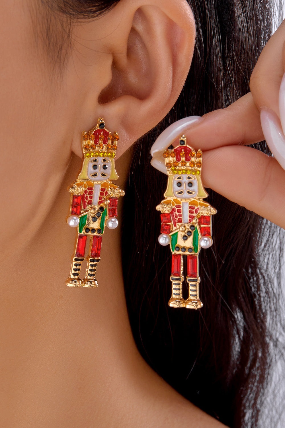 Wholesale 1 Pair Pink Alloy Unique Nutcracker Soldier Figure Earrings, Distinctive Women's Earrings With Pink Soldier Design And Rhinestones, Alloy Jewelry, Personalized Christmas Gift SP019