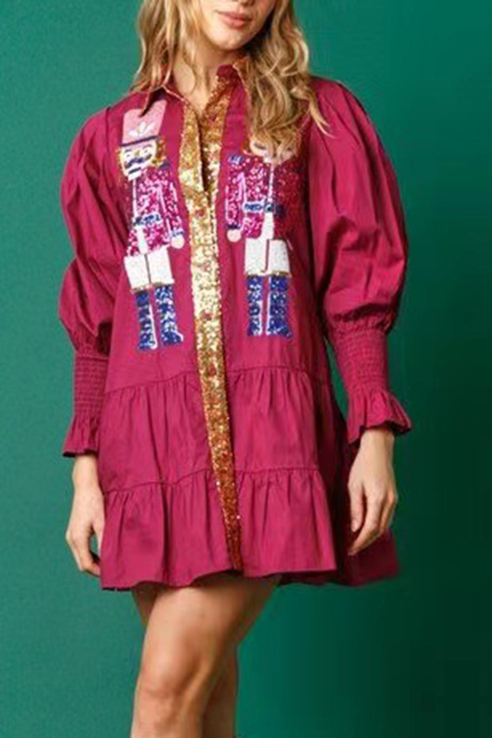 Wholesale 5 colors Christmas Sequin Nutcracker Collared Shirt Ruffled Long Sleeve Mini Dress WL009