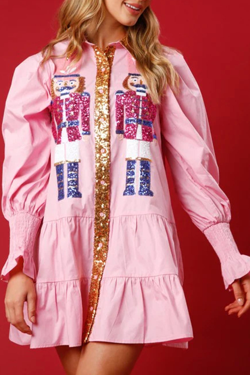 Wholesale 5 colors Christmas Sequin Nutcracker Collared Shirt Ruffled Long Sleeve Mini Dress WL009