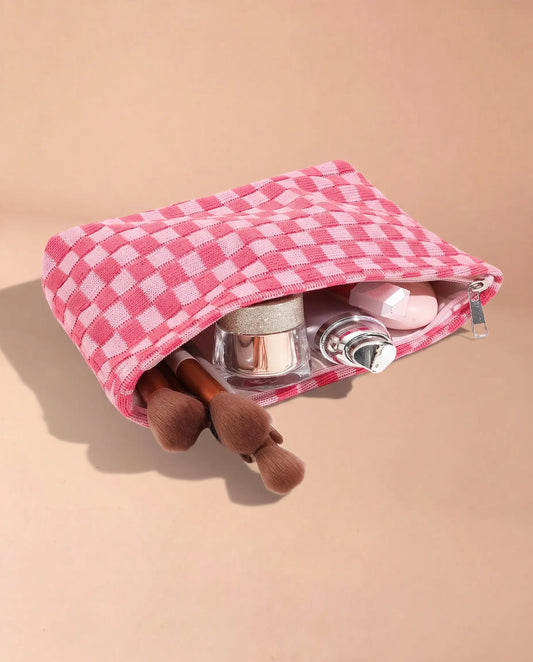 Rose Pink Checkered Knit Makeup Bag Travel Boutique Gift SP293