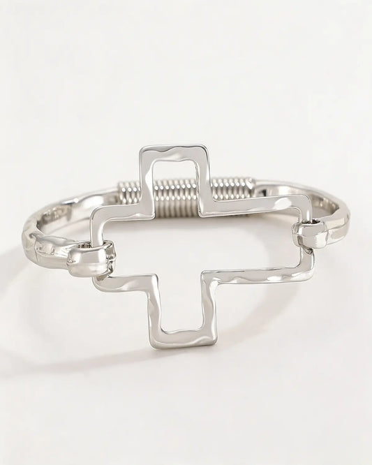 Silver Cross Hammered Bangle Daily Statement Jewelry Gift SP283