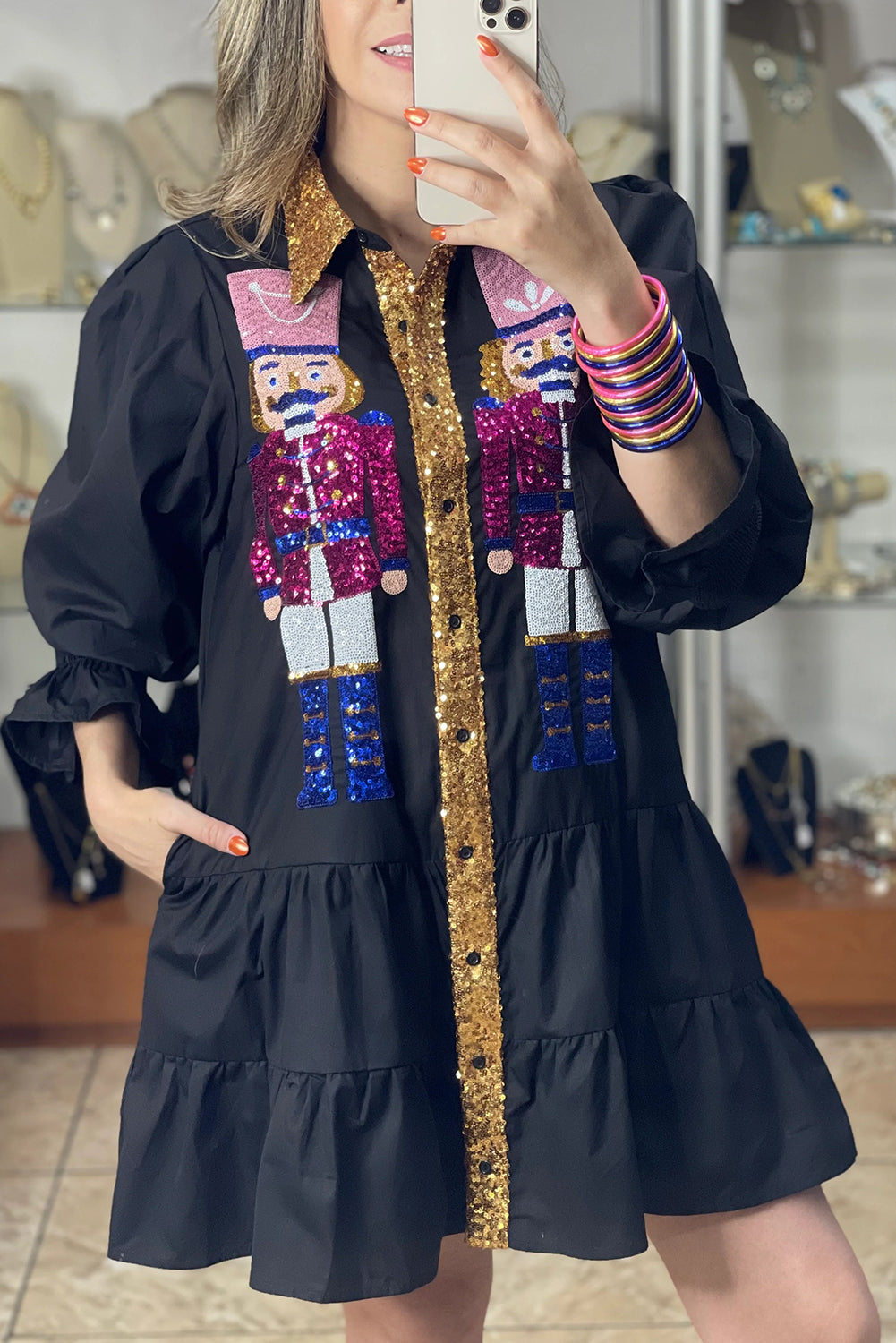 Wholesale 5 colors Christmas Sequin Nutcracker Collared Shirt Ruffled Long Sleeve Mini Dress WL009