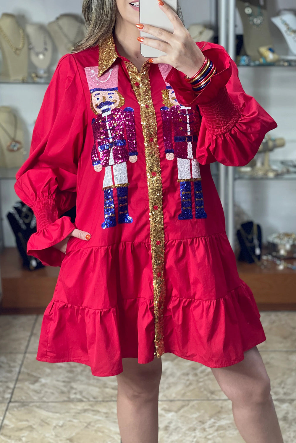 Wholesale 5 colors Christmas Sequin Nutcracker Collared Shirt Ruffled Long Sleeve Mini Dress WL009