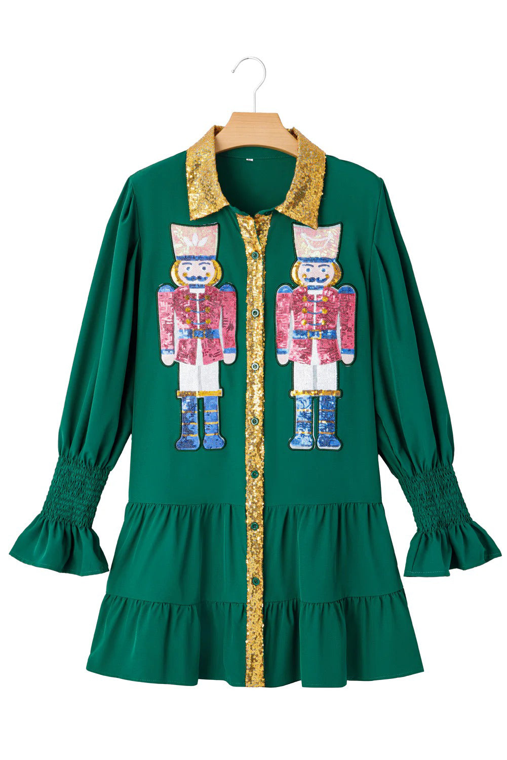 Wholesale 5 colors Christmas Sequin Nutcracker Collared Shirt Ruffled Long Sleeve Mini Dress WL009