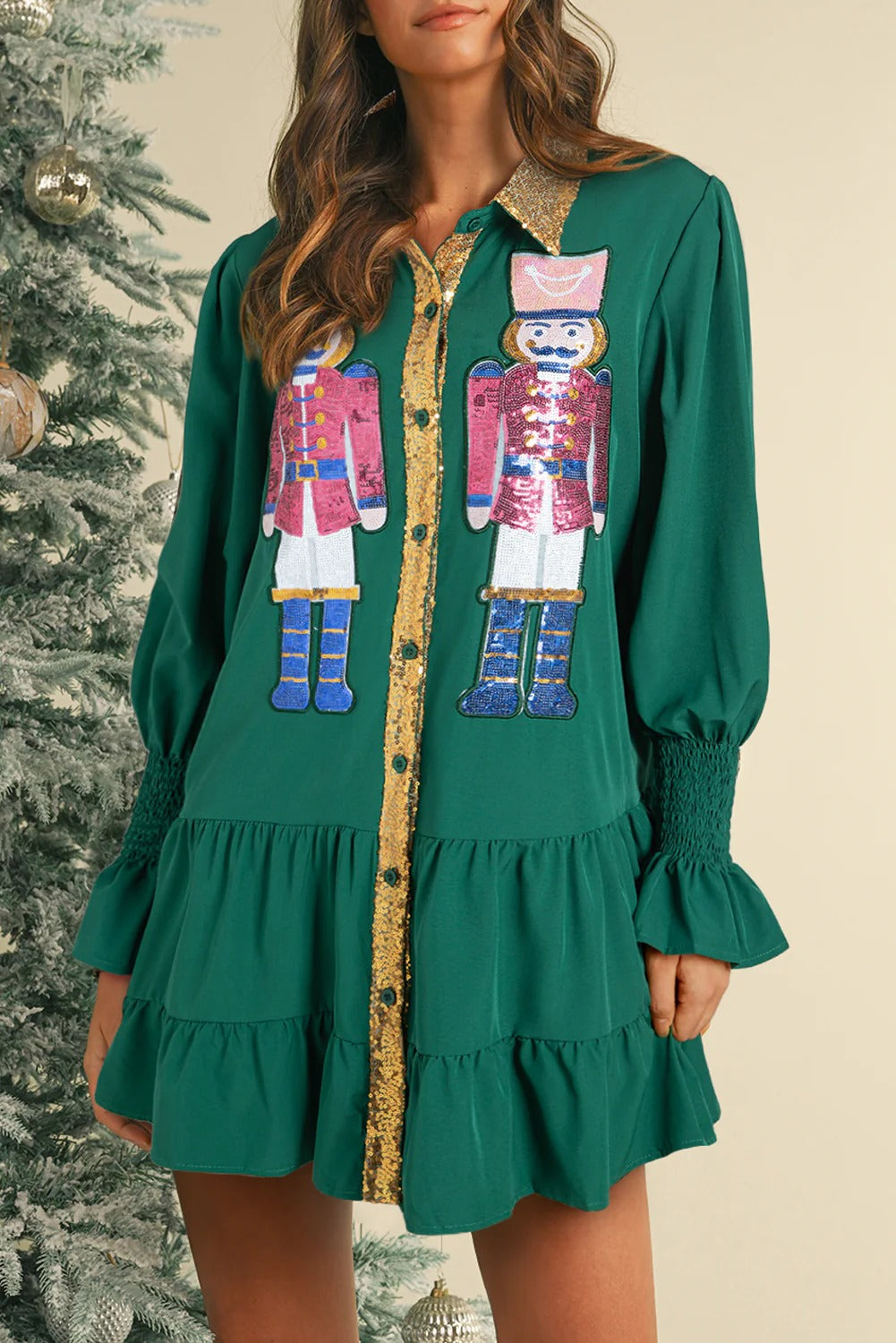 Wholesale 5 colors Christmas Sequin Nutcracker Collared Shirt Ruffled Long Sleeve Mini Dress WL009