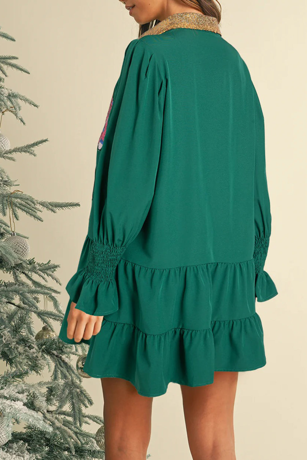 Wholesale 5 colors Christmas Sequin Nutcracker Collared Shirt Ruffled Long Sleeve Mini Dress WL009