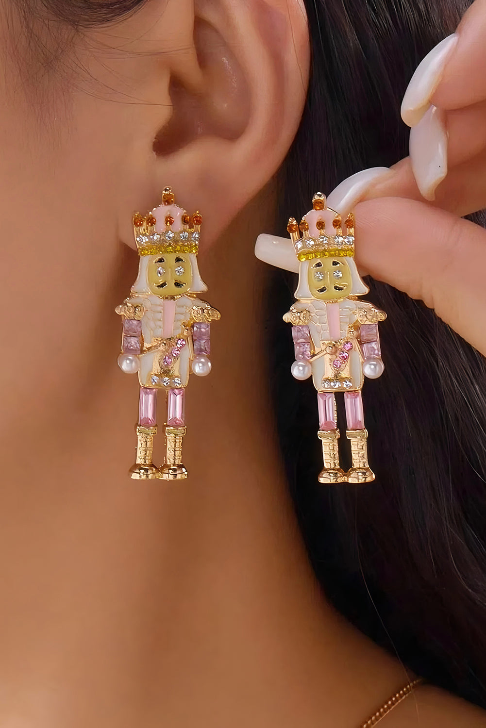 Wholesale 1 Pair Pink Alloy Unique Nutcracker Soldier Figure Earrings, Distinctive Women's Earrings With Pink Soldier Design And Rhinestones, Alloy Jewelry, Personalized Christmas Gift SP019