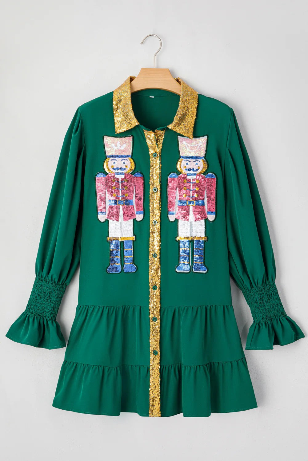 Wholesale 5 colors Christmas Sequin Nutcracker Collared Shirt Ruffled Long Sleeve Mini Dress WL009