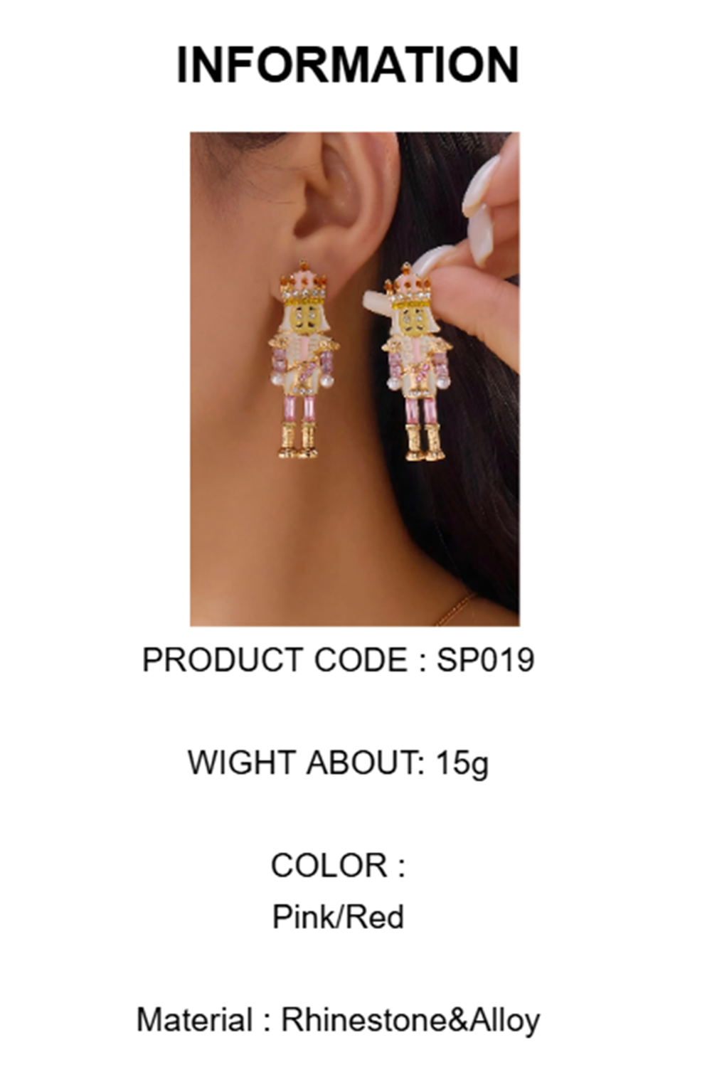 Wholesale 1 Pair Pink Alloy Unique Nutcracker Soldier Figure Earrings, Distinctive Women's Earrings With Pink Soldier Design And Rhinestones, Alloy Jewelry, Personalized Christmas Gift SP019