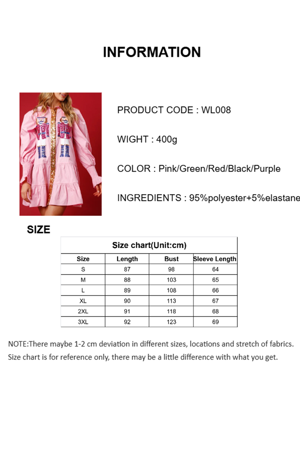 Wholesale 5 colors Christmas Sequin Nutcracker Collared Shirt Ruffled Long Sleeve Mini Dress WL009