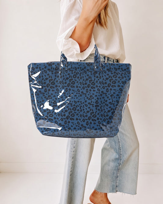 Wholesale Blue Leopard Glossy Tote Beach Preppy Boutique Bag SP070