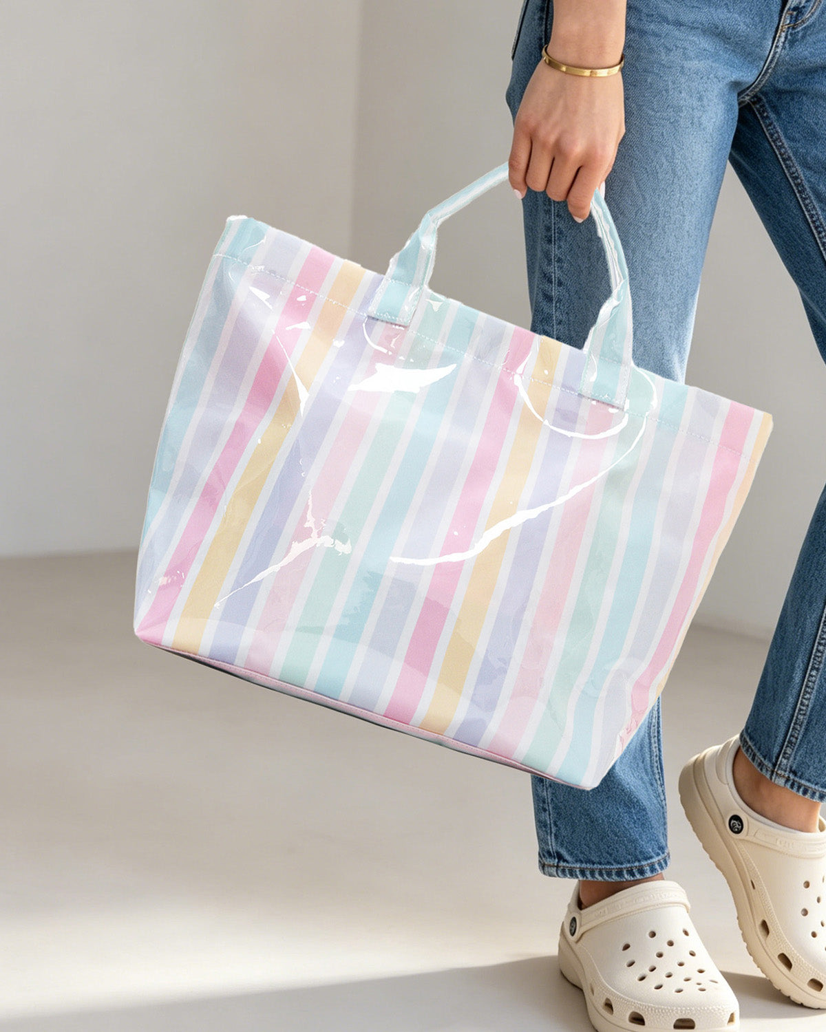 Wholesale Pastel Striped Glossy Tote Bag Pool Summer Boutique Gift SP065