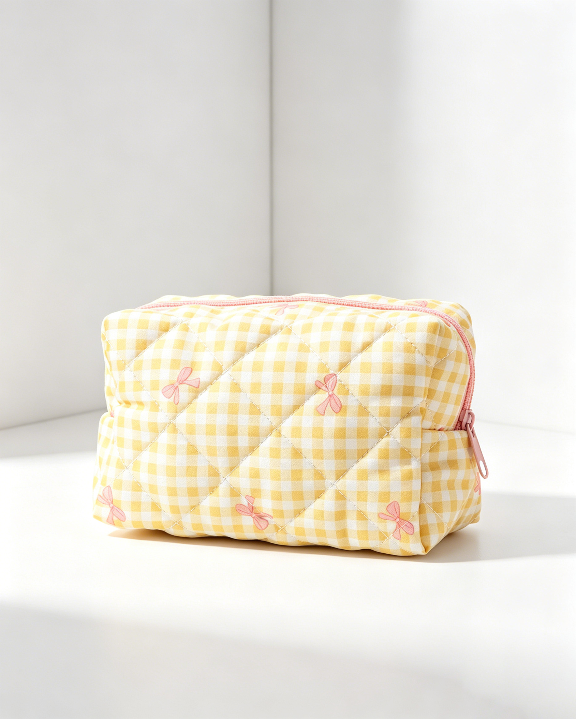 Wholesale Yellow Gingham Bow Quilted Bag Travel Preppy Gift SP053