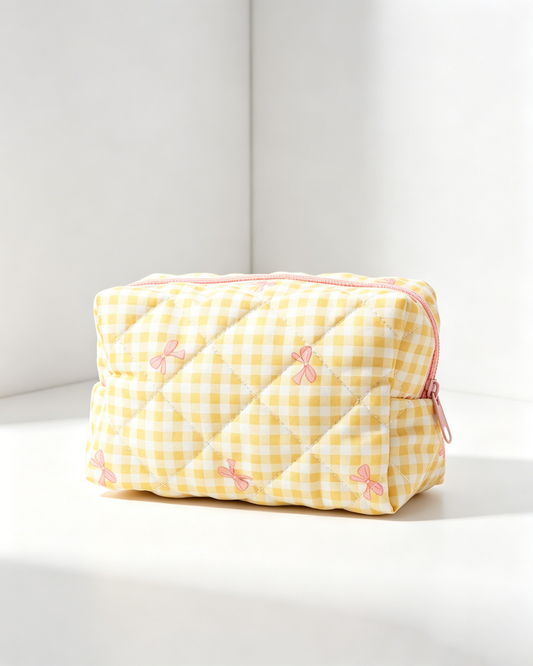 Wholesale Yellow Gingham Bow Quilted Bag Travel Preppy Gift SP053
