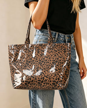 Wholesale Brown Leopard Glossy Tote Bag Vacation Western Boho SP078