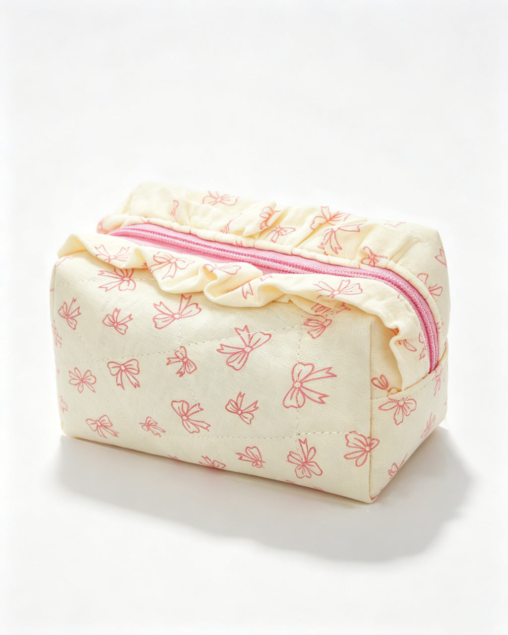 Wholesale Cream Bow Quilted Ruffle Makeup Bag Daily Coquette SP061