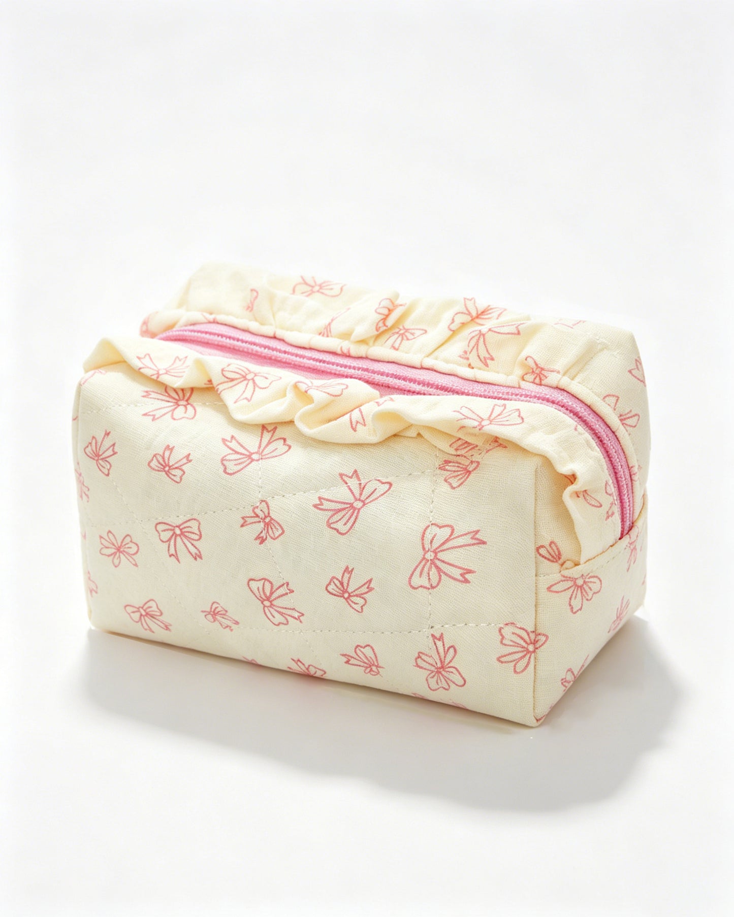 Wholesale Cream Bow Quilted Ruffle Makeup Bag Daily Coquette SP061