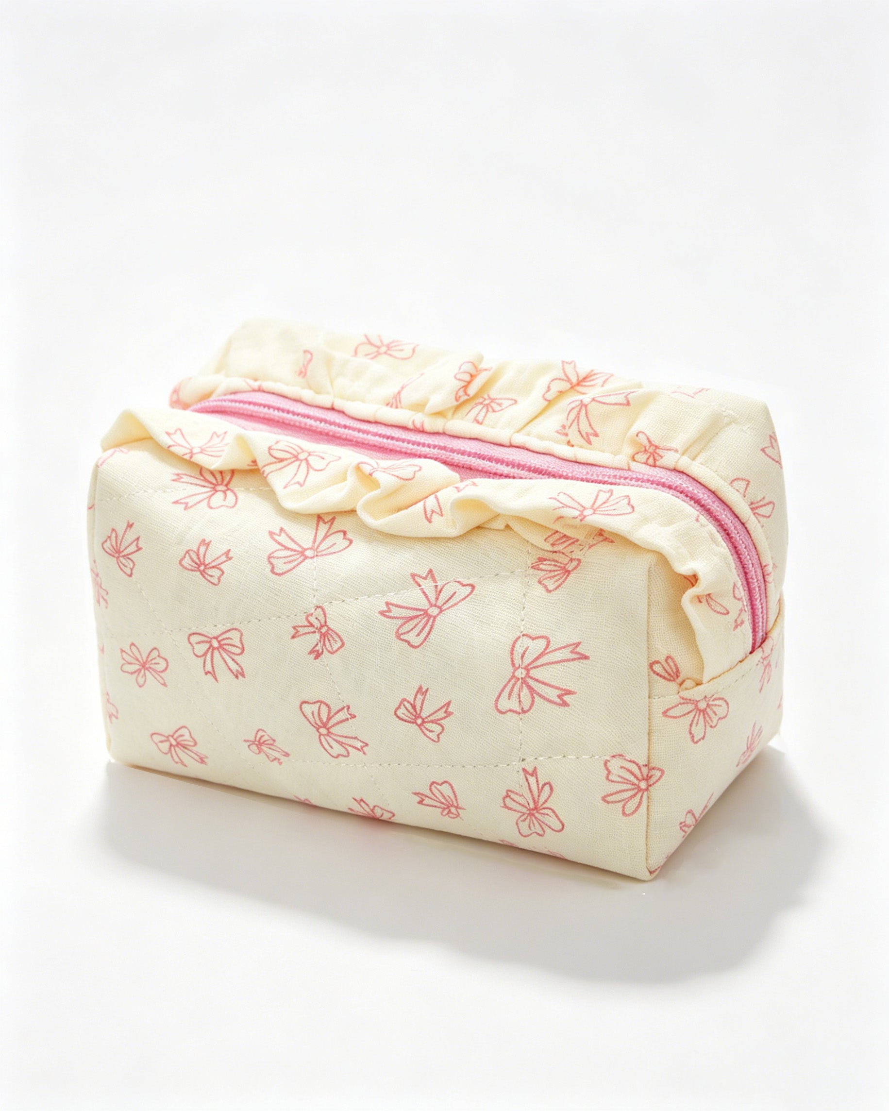 Wholesale Cream Bow Quilted Ruffle Makeup Bag Daily Coquette SP061