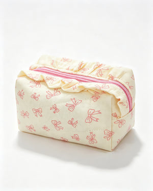Wholesale Cream Bow Quilted Ruffle Makeup Bag Daily Coquette SP061