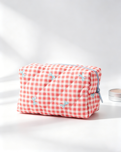 Wholesale Red Gingham Bow Cosmetic Bag Travel Boutique Pick SP055