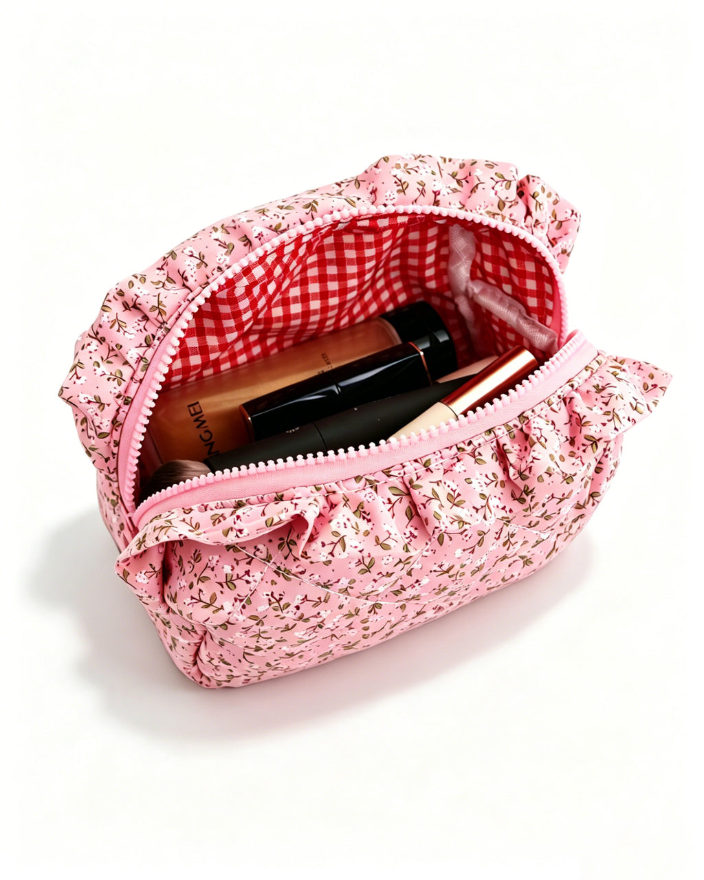 Wholesale Pink Floral Quilted Ruffle Cosmetic Bag Weekend Boutique SP062