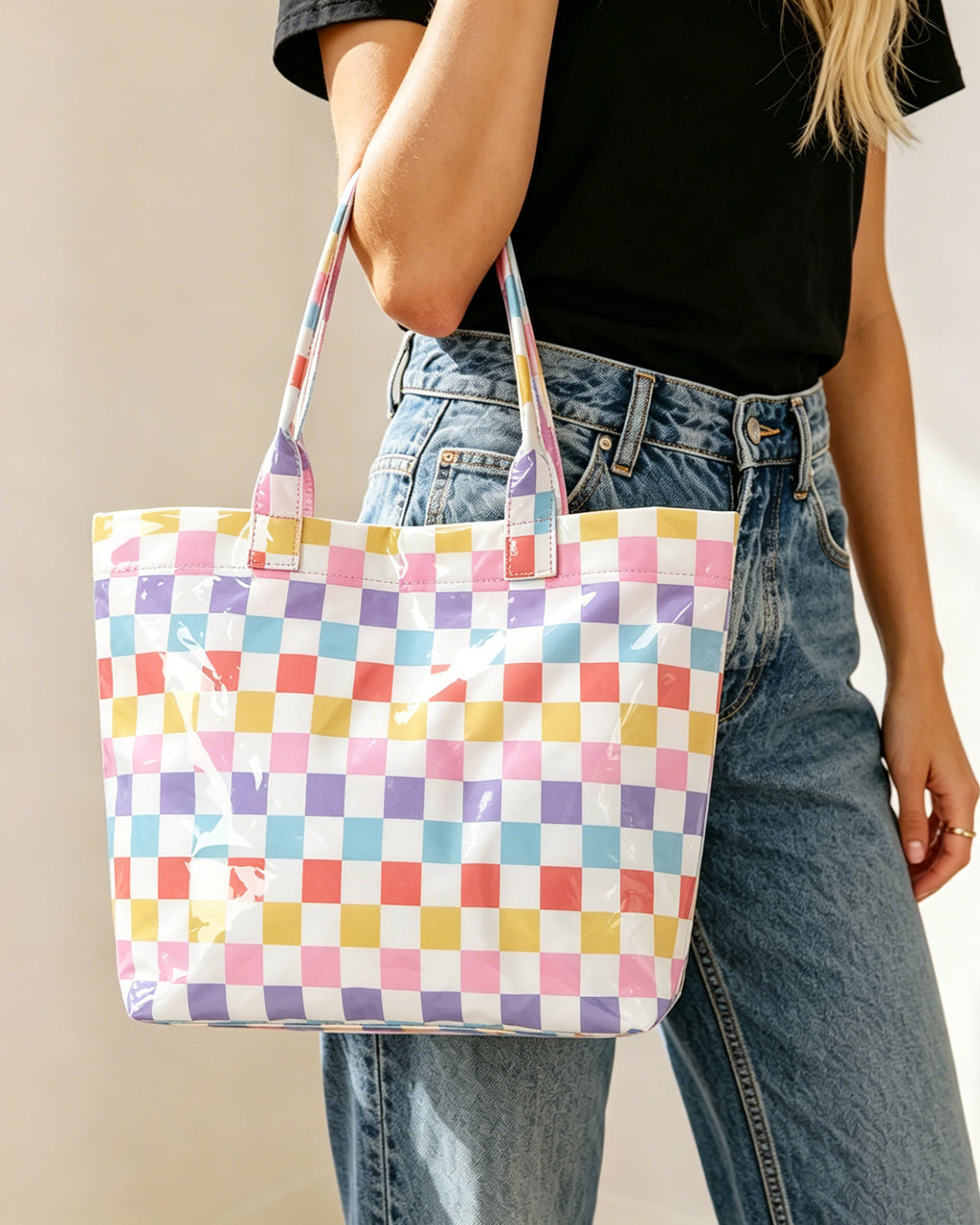 Wholesale Pastel Checkerboard Waterproof Tote Beach Preppy Boutique Bag SP064