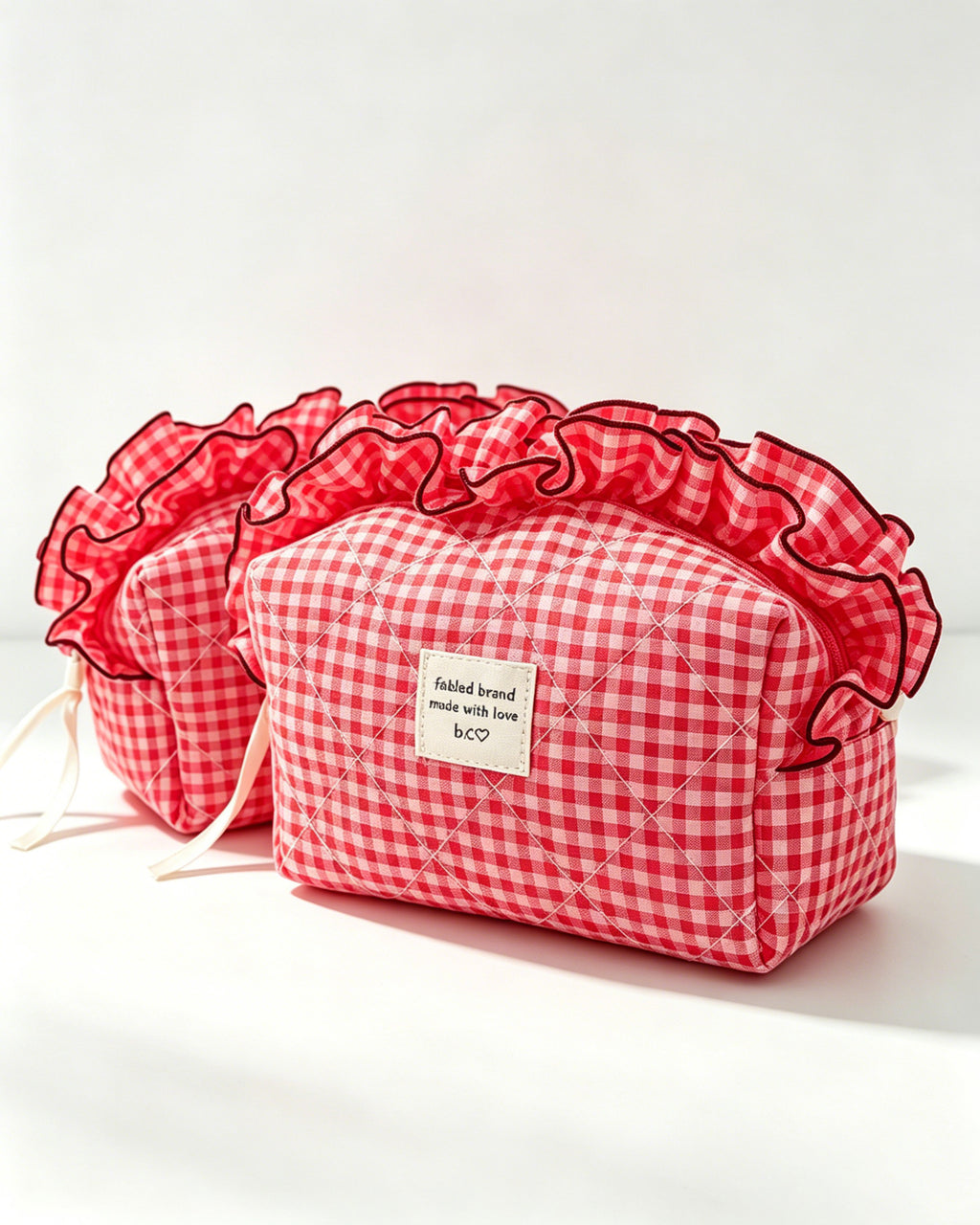Wholesale Red Gingham Ruffle Makeup Bag Travel Preppy Gift SP051