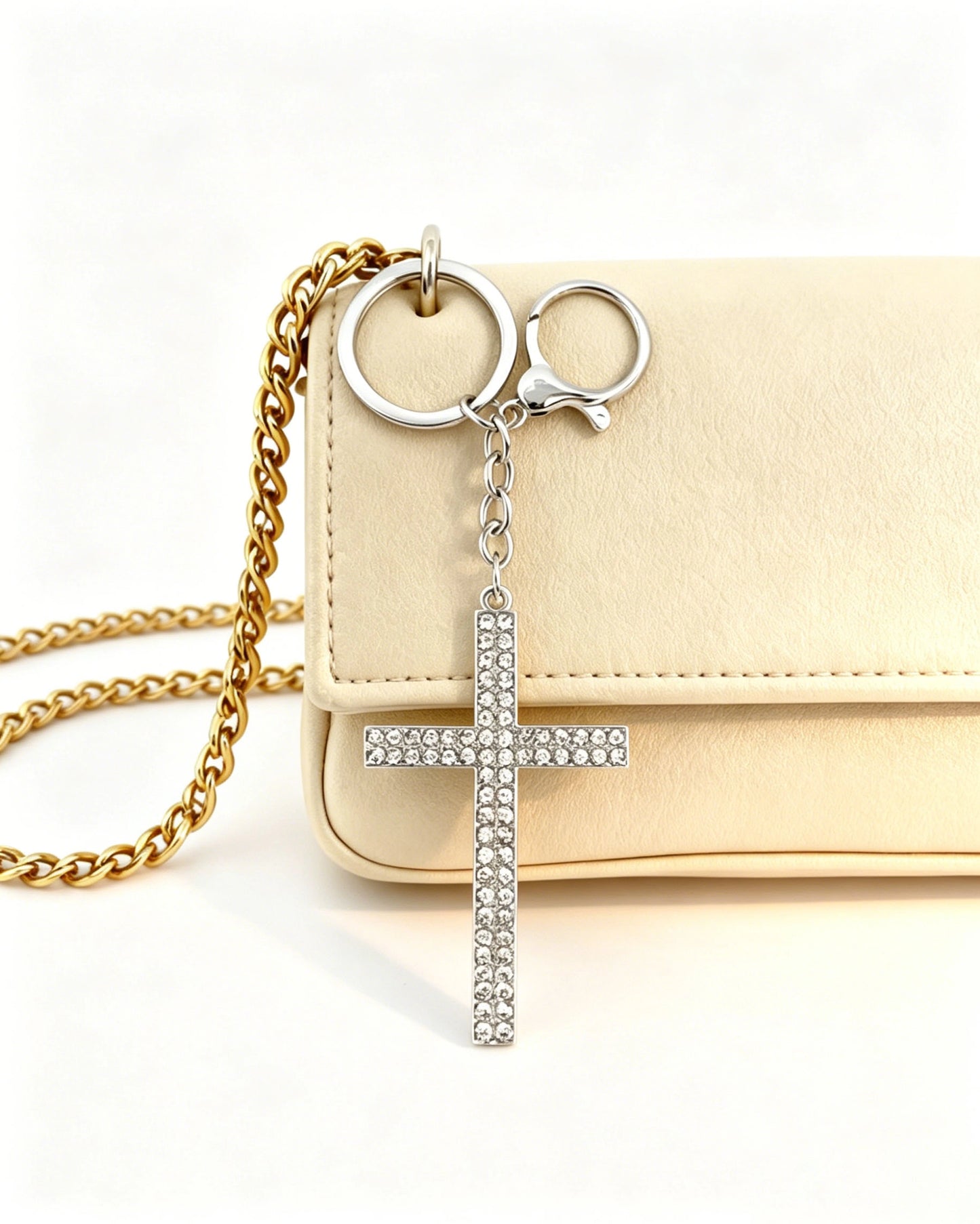 Silver Rhinestone Cross Keychain Church Charm SP232