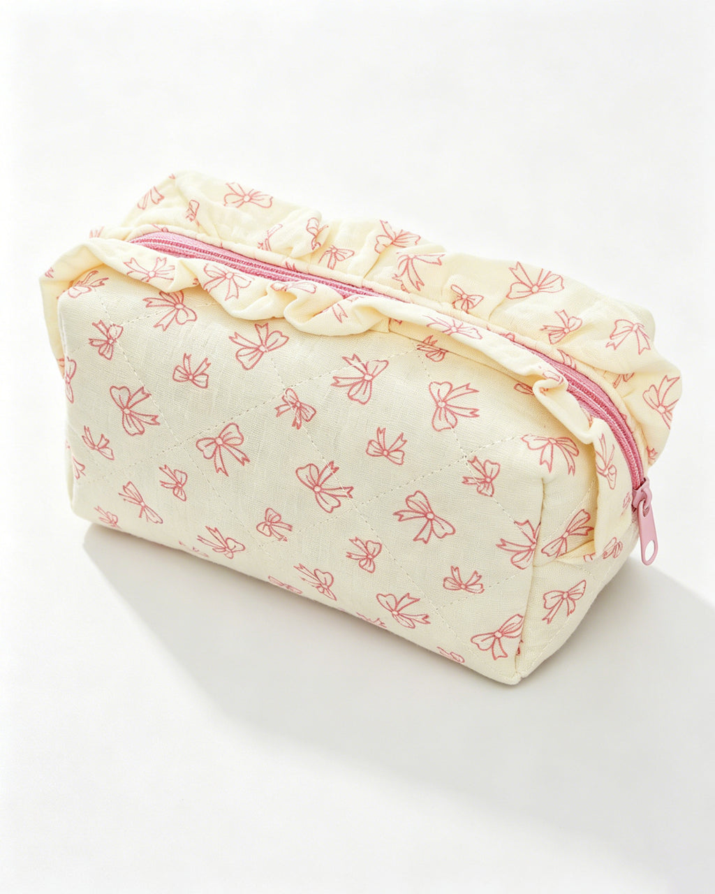 Wholesale Cream Bow Quilted Ruffle Makeup Bag Daily Coquette SP061