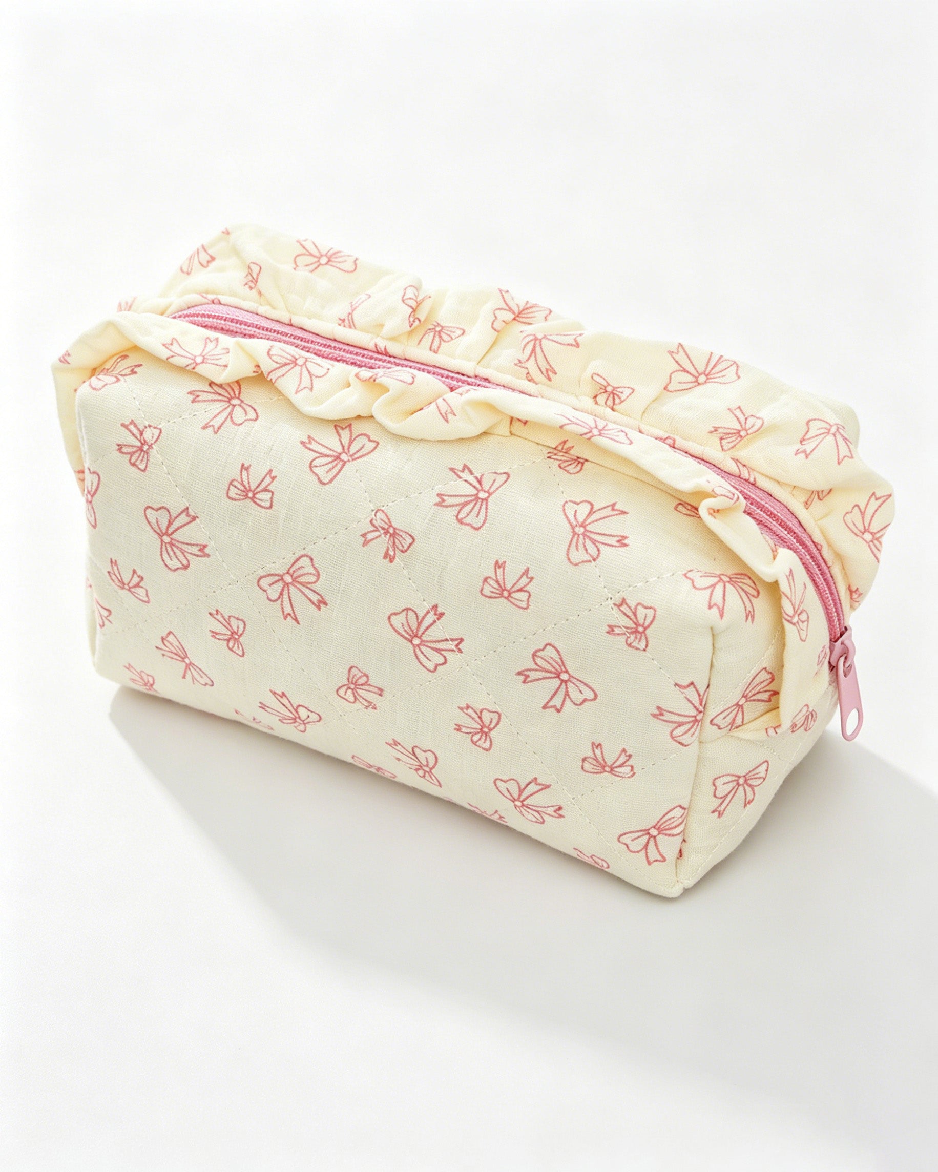 Wholesale Cream Bow Quilted Ruffle Makeup Bag Daily Coquette SP061