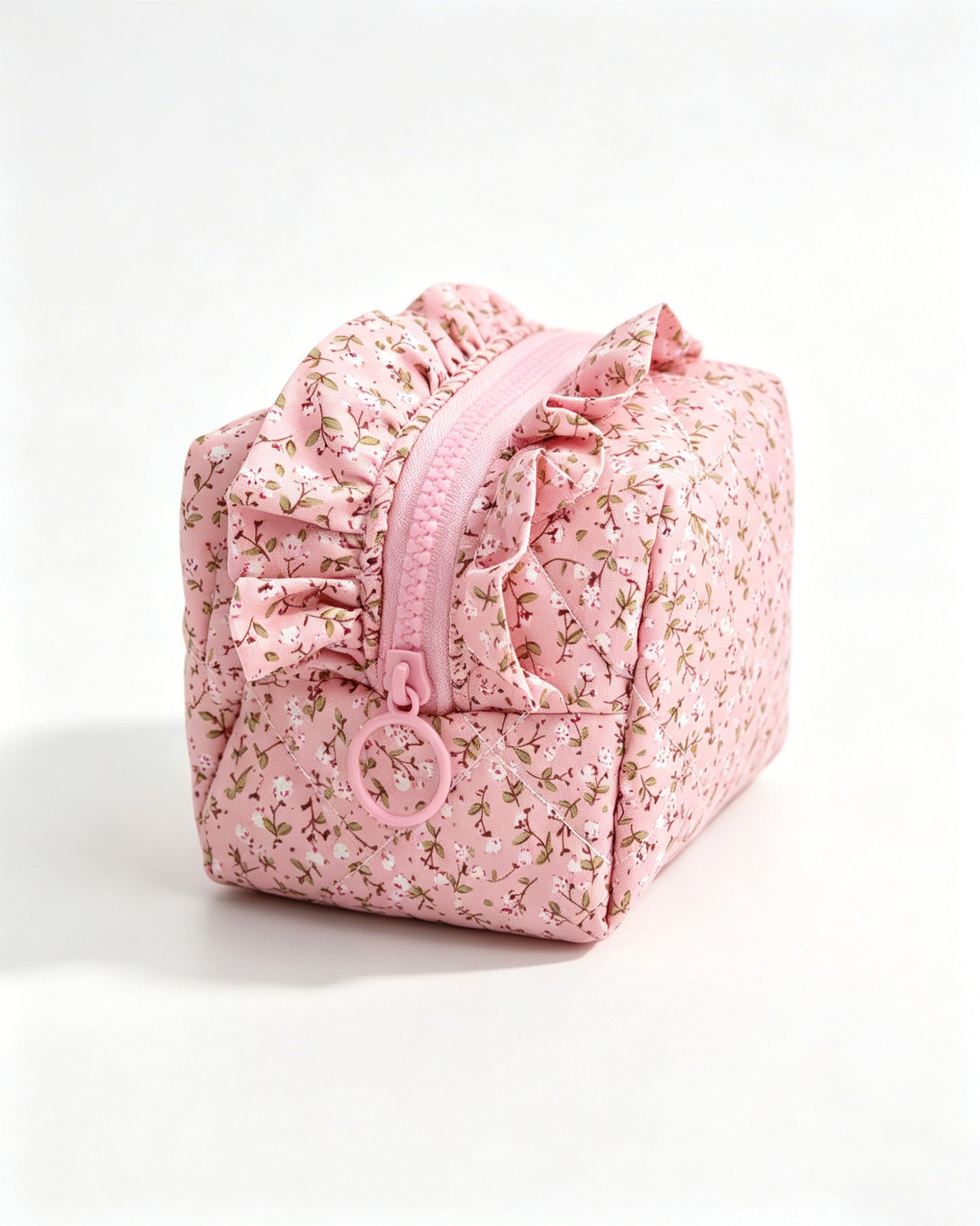 Wholesale Pink Floral Quilted Ruffle Cosmetic Bag Weekend Boutique SP062