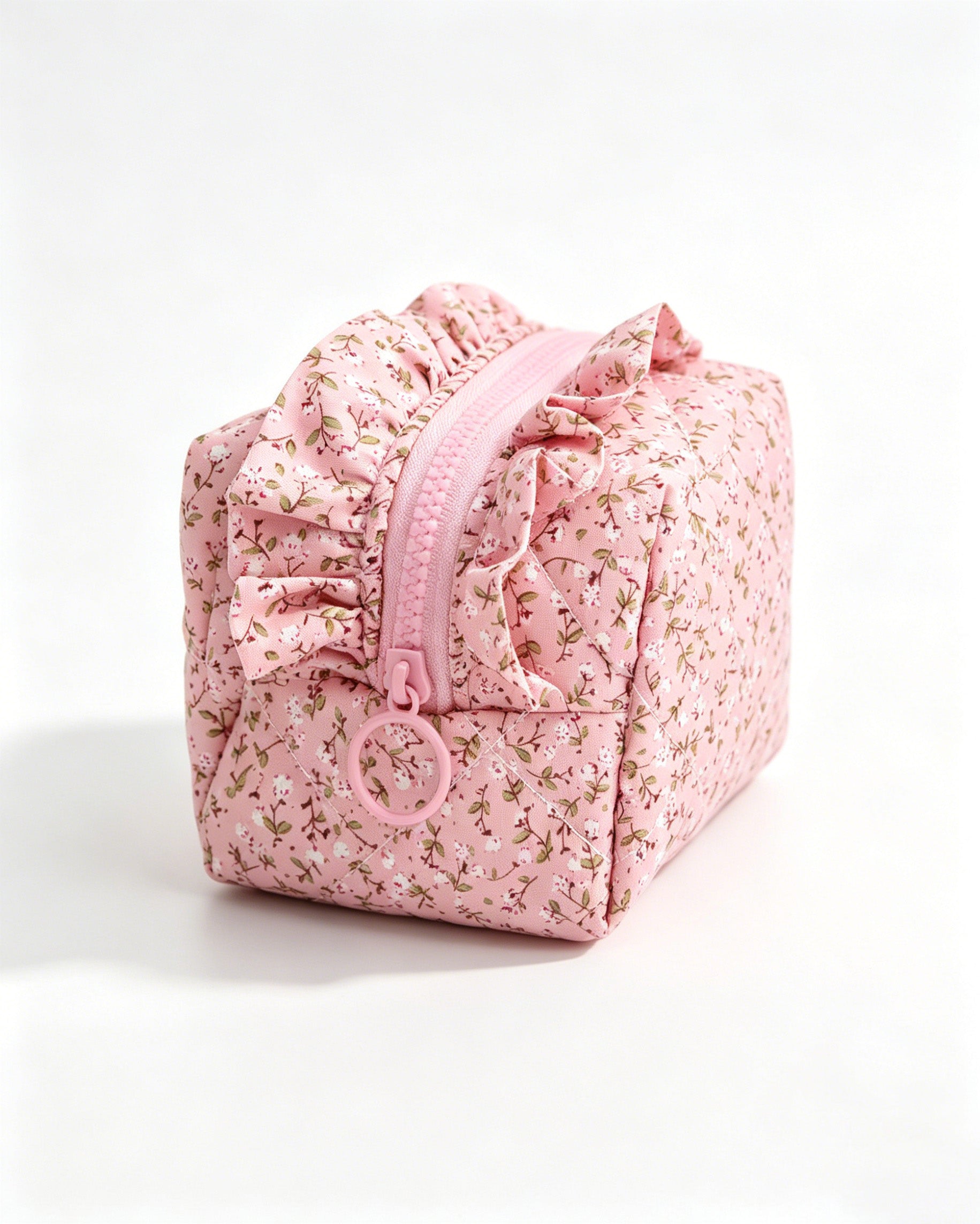 Wholesale Pink Floral Quilted Ruffle Cosmetic Bag Weekend Boutique SP062