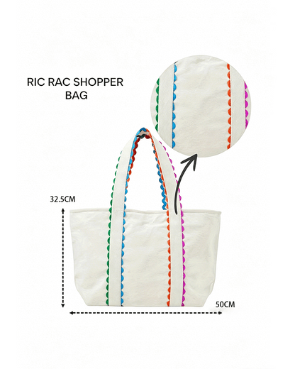 White Colorful Ricrac Detail Canvas Tote Bag SP019