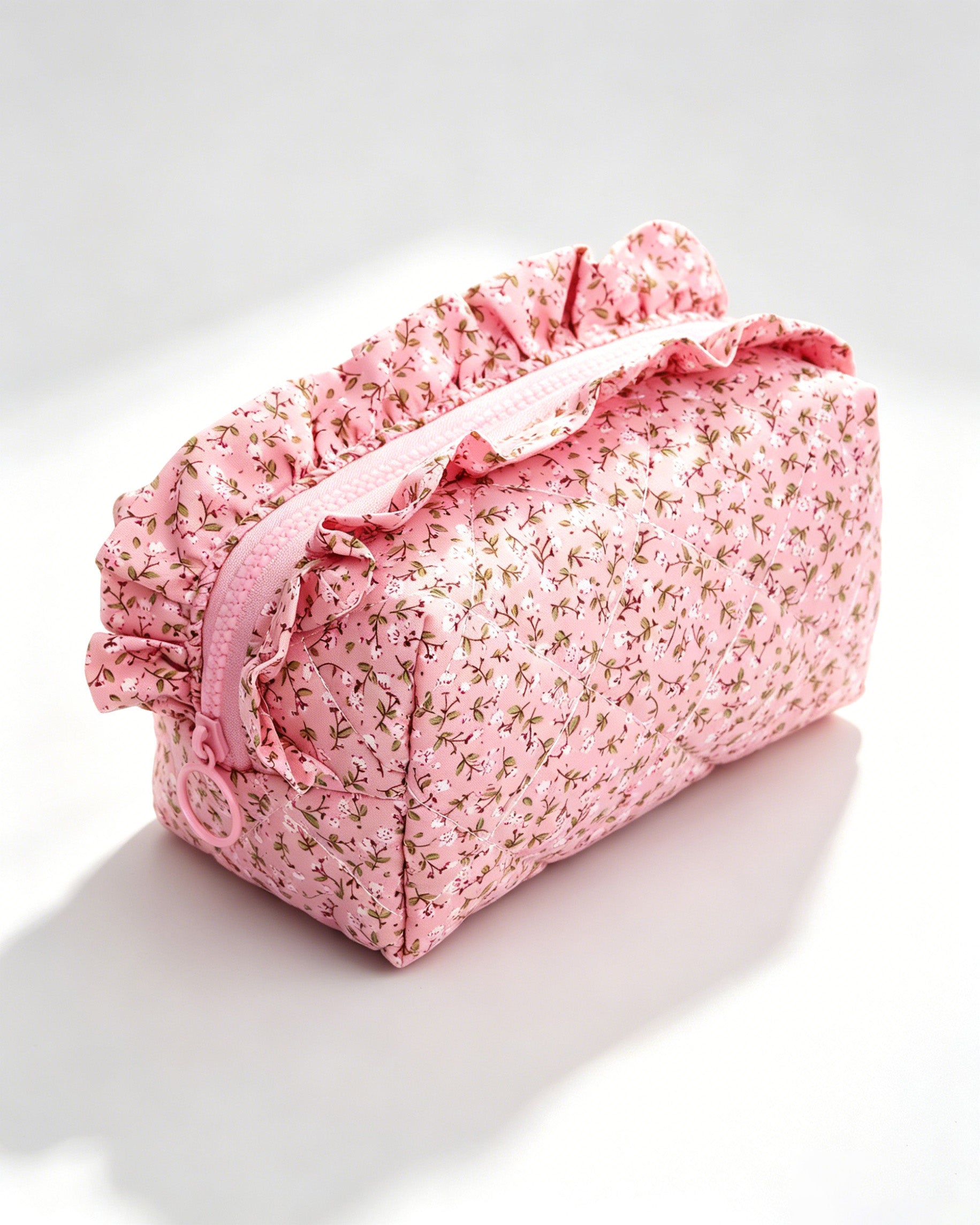 Wholesale Pink Floral Quilted Ruffle Cosmetic Bag Weekend Boutique SP062