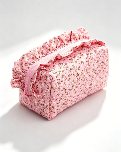 Wholesale Pink Floral Quilted Ruffle Cosmetic Bag Weekend Boutique SP062