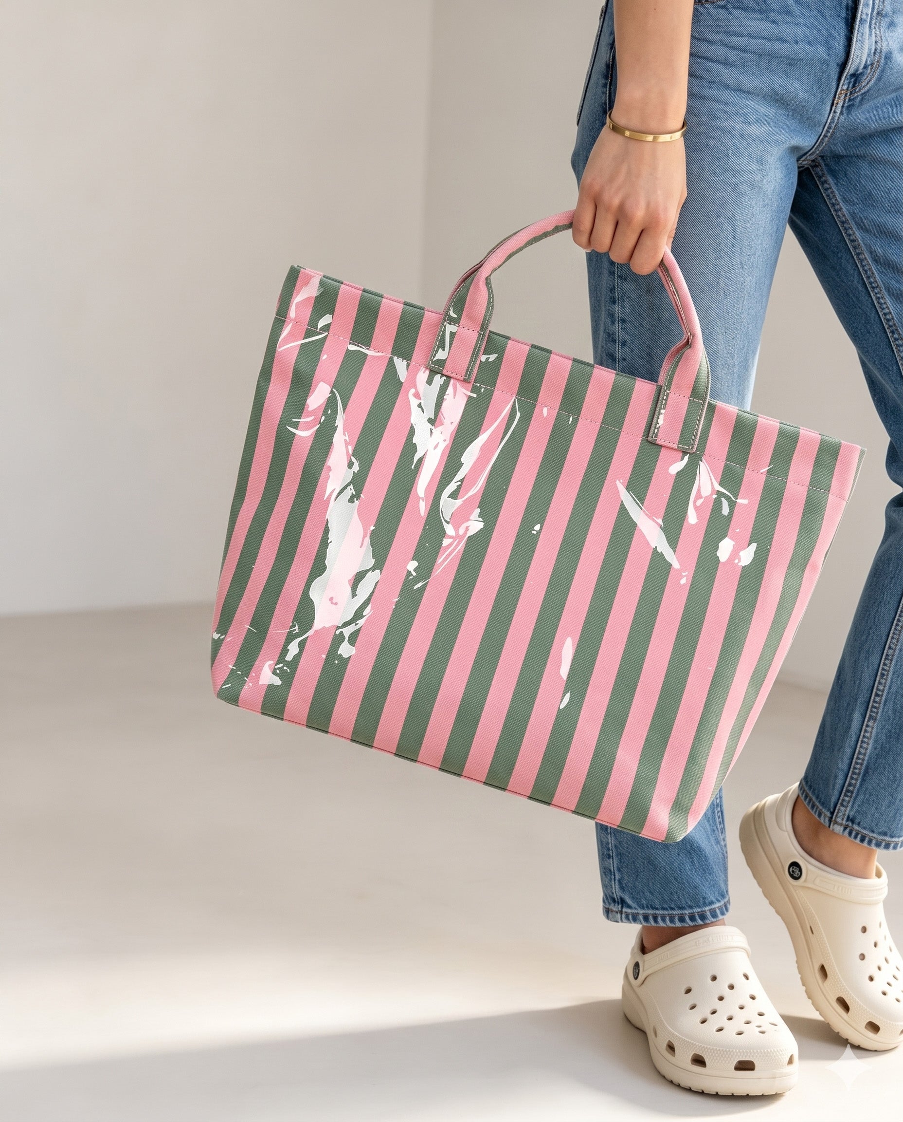 Bulk Pink Green Striped Waterproof Tote Pool Preppy Accessory SP076