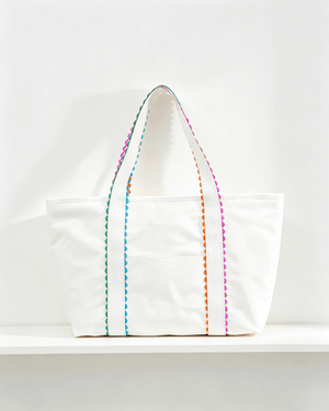 White Colorful Ricrac Detail Canvas Tote Bag SP019