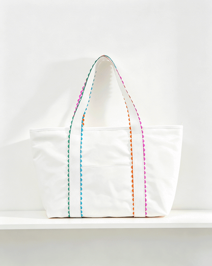 White Colorful Ricrac Detail Canvas Tote Bag SP019