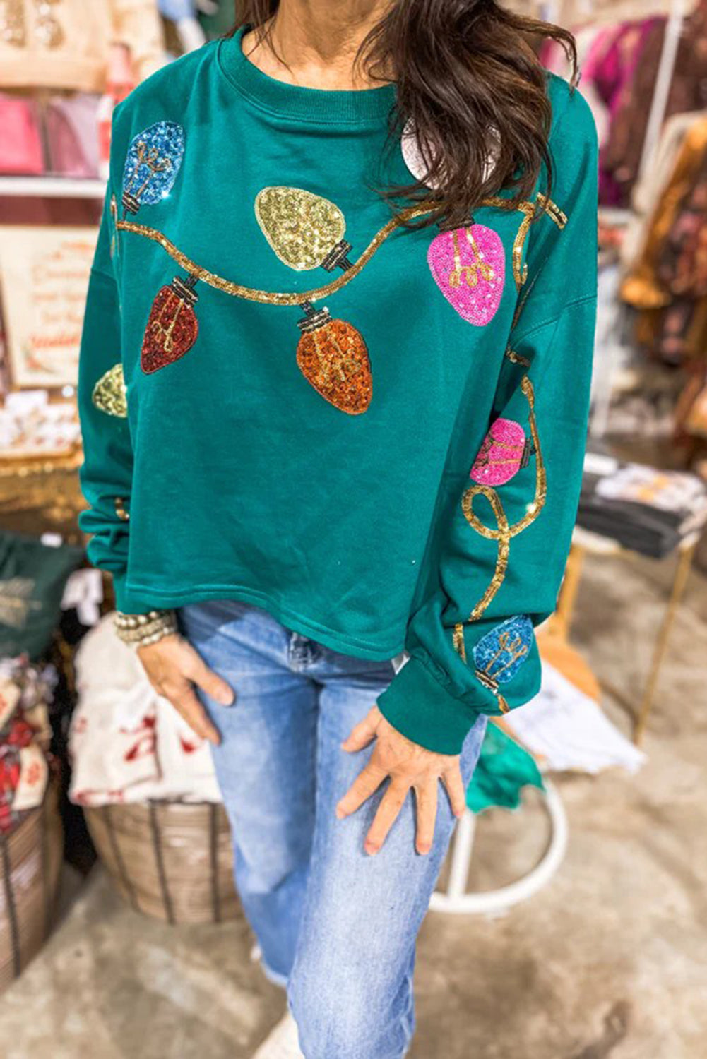 Wholesale Beige Green Holiday Charm Christmas Embroidery Cropped Sweatshirt WL008