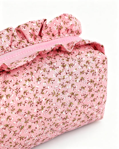 Wholesale Pink Floral Quilted Ruffle Cosmetic Bag Weekend Boutique SP062