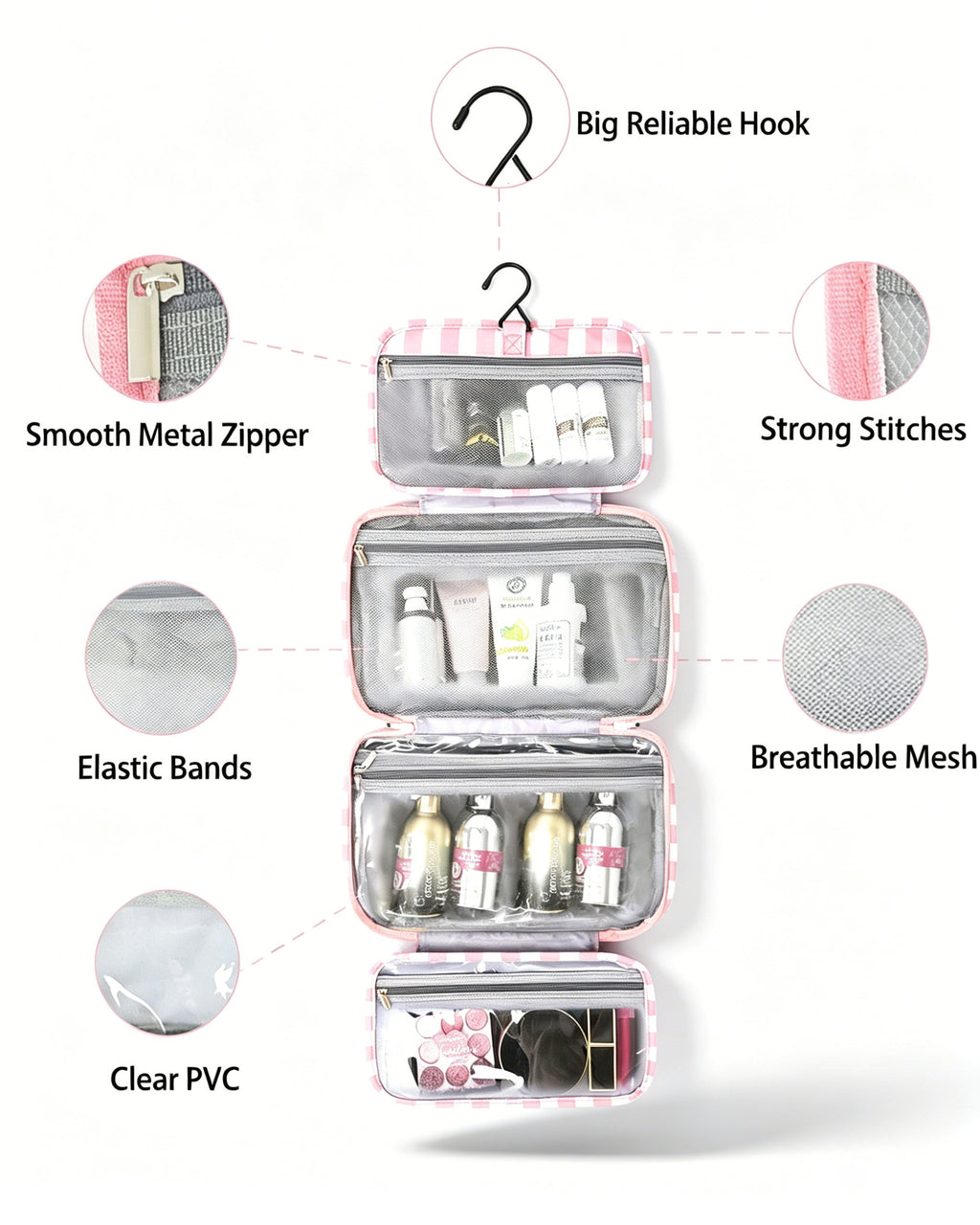 Wholesale Pink Striped Hanging Toiletry Bag Travel Preppy Gift