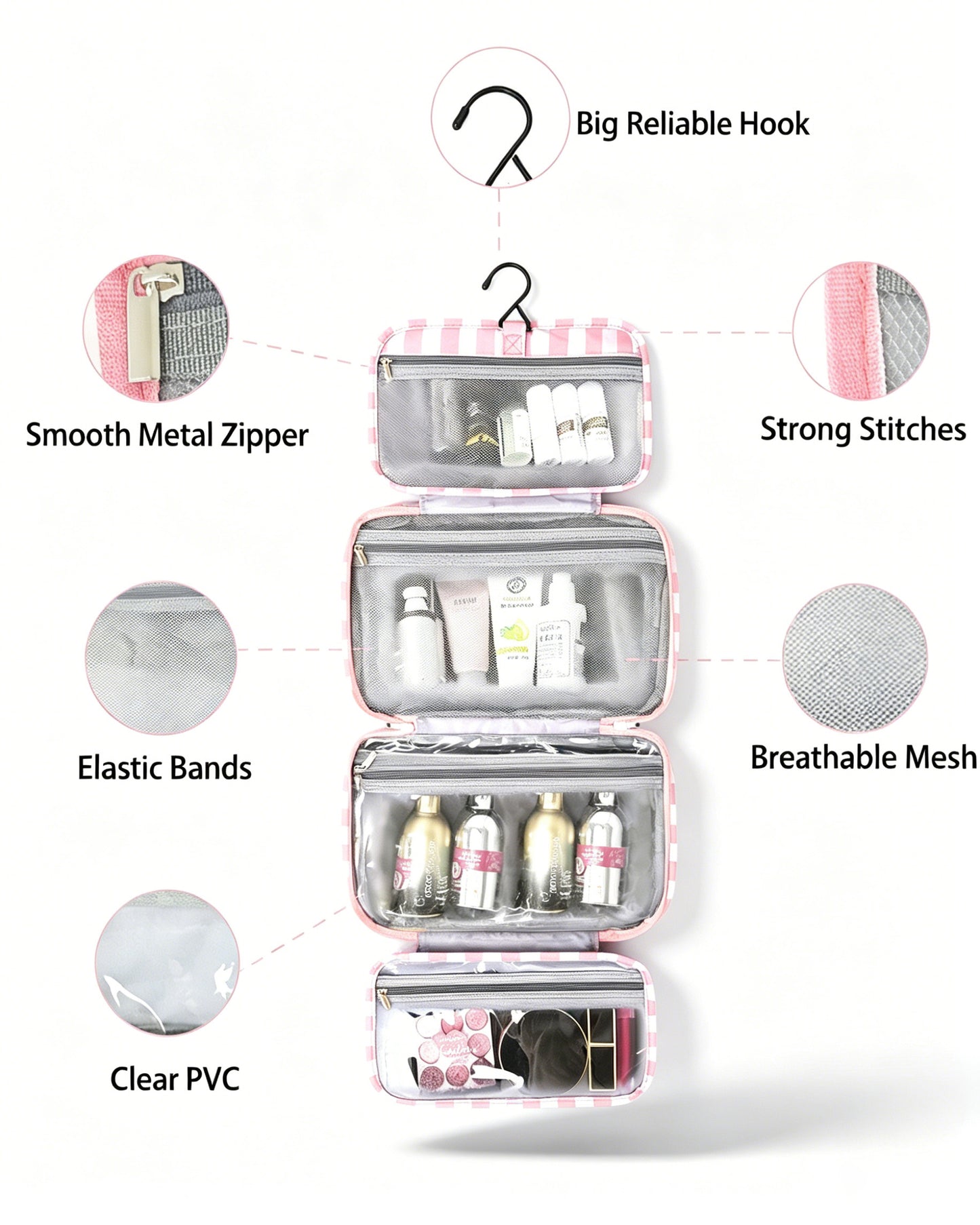 Wholesale Pink Striped Hanging Toiletry Bag Travel Preppy Gift SP081