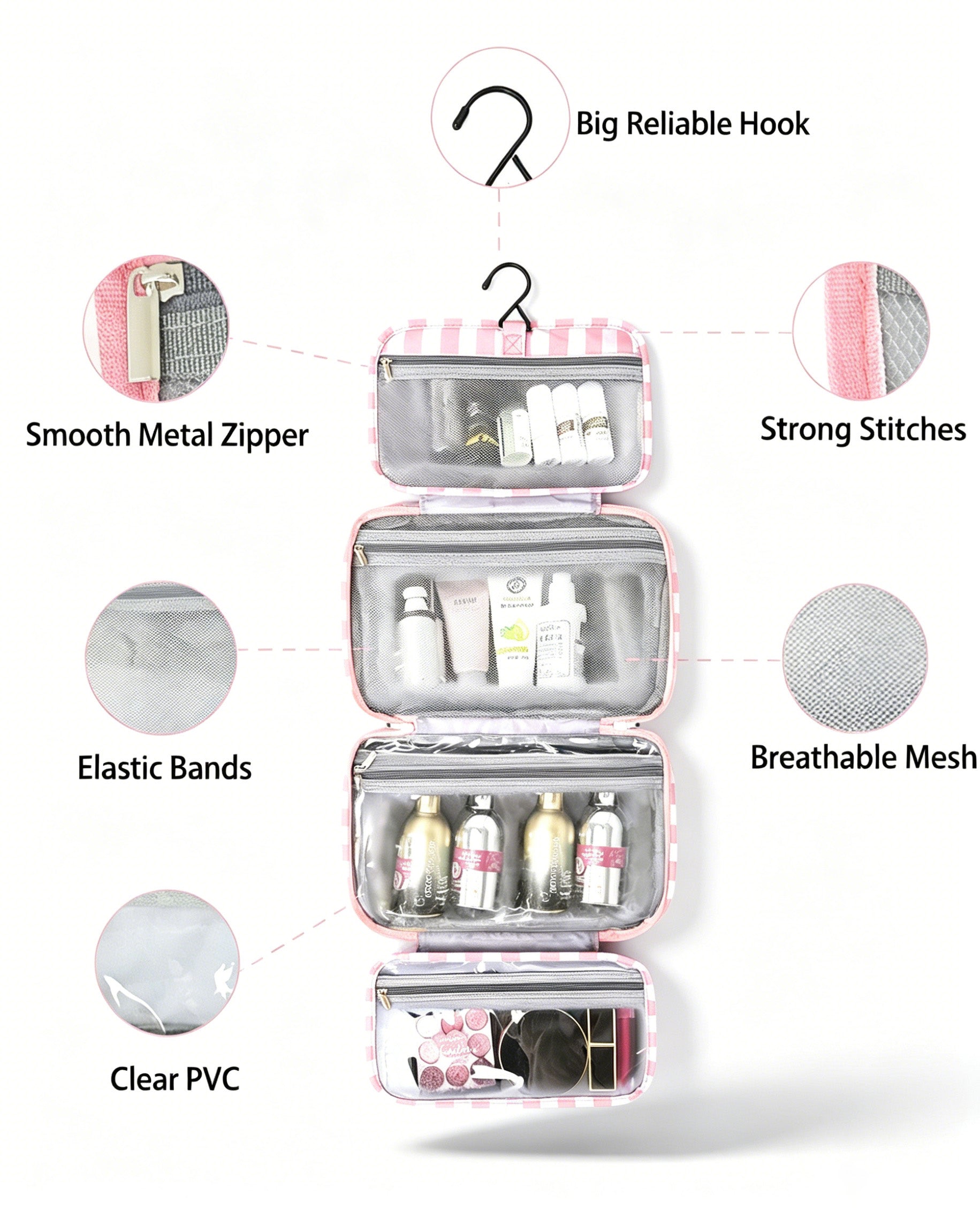 Wholesale Pink Striped Hanging Toiletry Bag Travel Preppy Gift